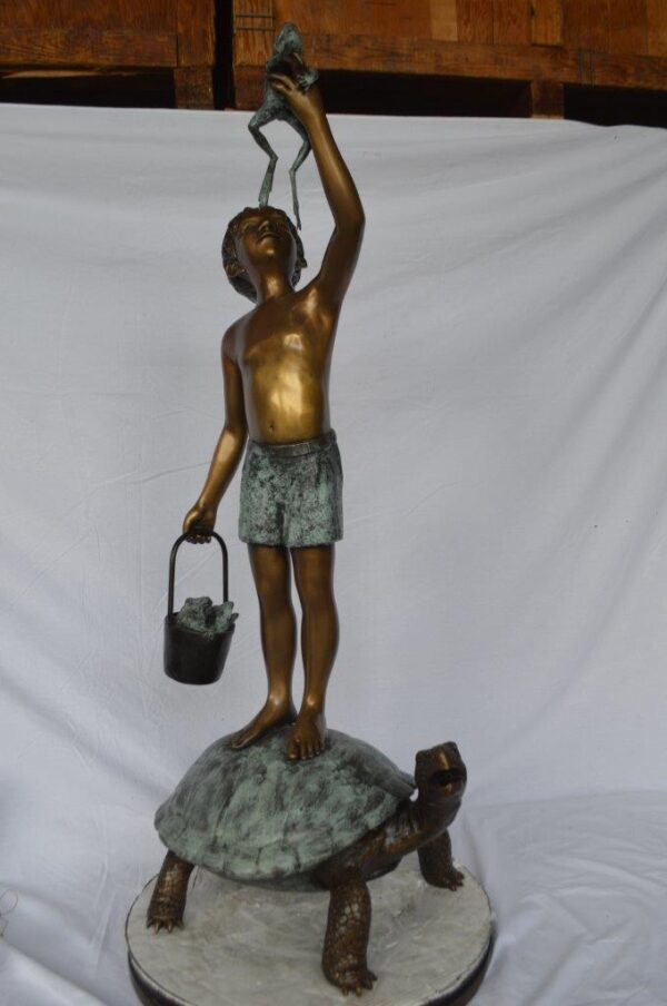 Boy on turtle holding frog bronze fountain statue -  Size: 24"L x 18"W x 55"H. - Image 11