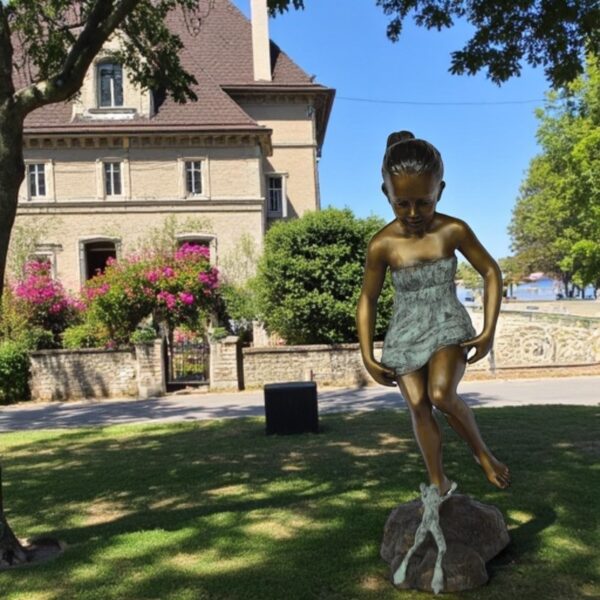Girl looking at a frog bronze statue -  Size: 16"L x 13"W x 36"H. - Image 3