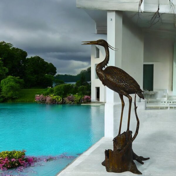 Great blue heron perched bronze statue Fountain -  Size: 22"L x 21"W x 49"H. - Image 3