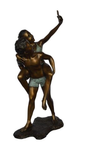Kids Taking a Selfie W a Smartphone Bronze Statue -  Size: 23"L x 20"W x 43"H.