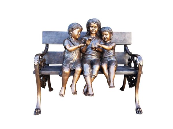 Three kids on a Bench Holding a Bird Bronze Statue -  Size: 40"L x 30"W x 33"H.