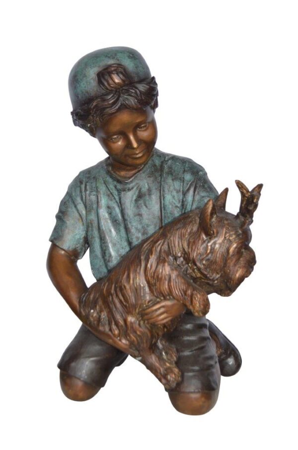 Young Child Playing With His Dog Bronze Statue -  Size: 18"L x 17"W x 26"H.