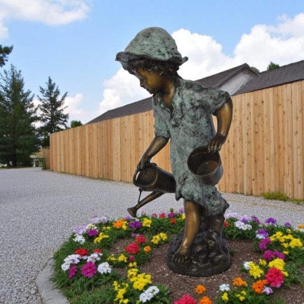 Young girl gardening bronze fountain statue -  Size: 12"L x 14"W x 28"H. - Image 3