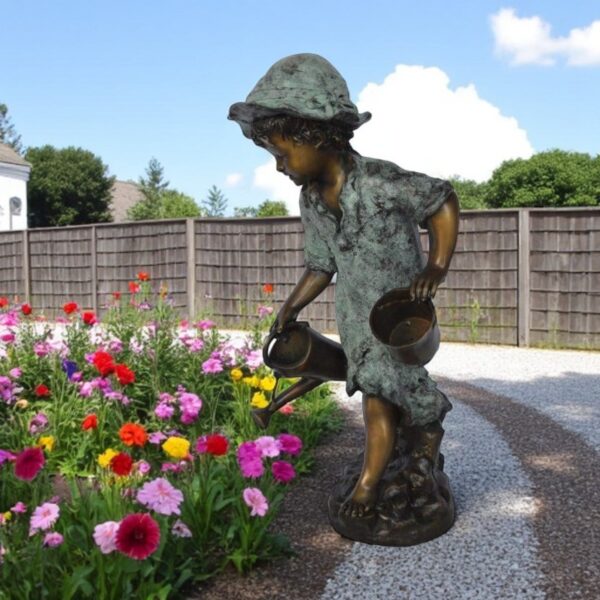 Young girl gardening bronze fountain statue -  Size: 12"L x 14"W x 28"H. - Image 2