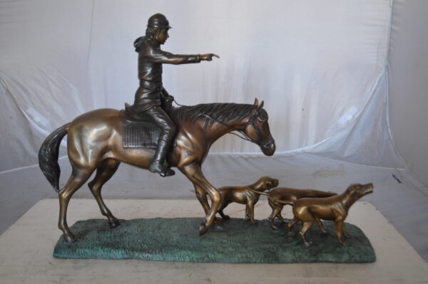 Hunter with three dogs Bronze Statue -  Size: 27"L x 6"W x 18"H. - Image 3