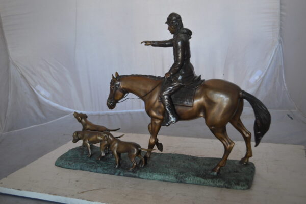 Hunter with three dogs Bronze Statue -  Size: 27"L x 6"W x 18"H. - Image 7