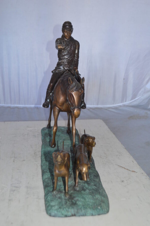 Hunter with three dogs Bronze Statue -  Size: 27"L x 6"W x 18"H. - Image 10