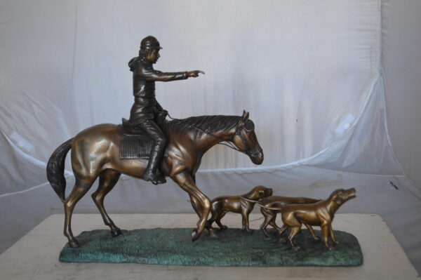 Hunter with three dogs Bronze Statue -  Size: 27"L x 6"W x 18"H. - Image 12