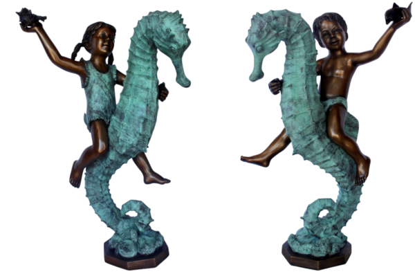 Boy and girl riding seahorses bronze fountain -  Size: 18"L x 23"W x 38"H.