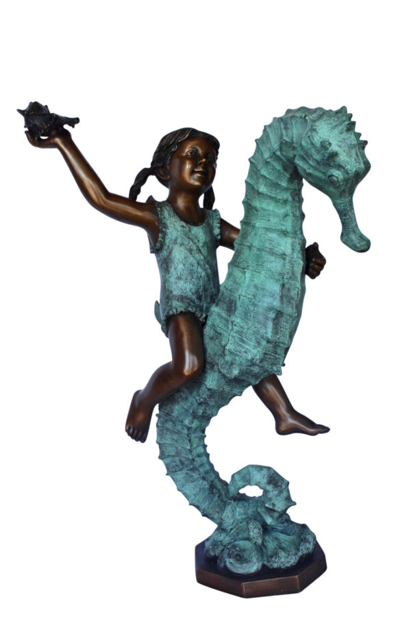 Boy and girl riding seahorses bronze fountain -  Size: 18"L x 23"W x 38"H. - Image 2