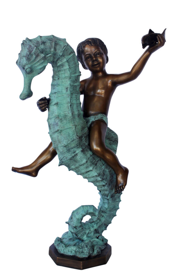 Boy and girl riding seahorses bronze fountain -  Size: 18"L x 23"W x 38"H. - Image 3