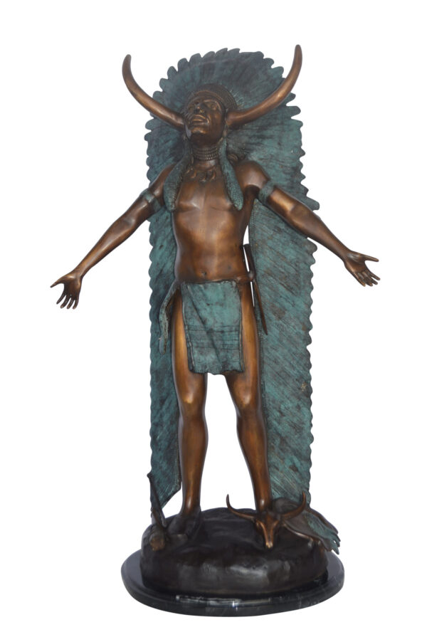 Indian with Plume bronze statue - Size: 22"L x 14"W x 38"H.