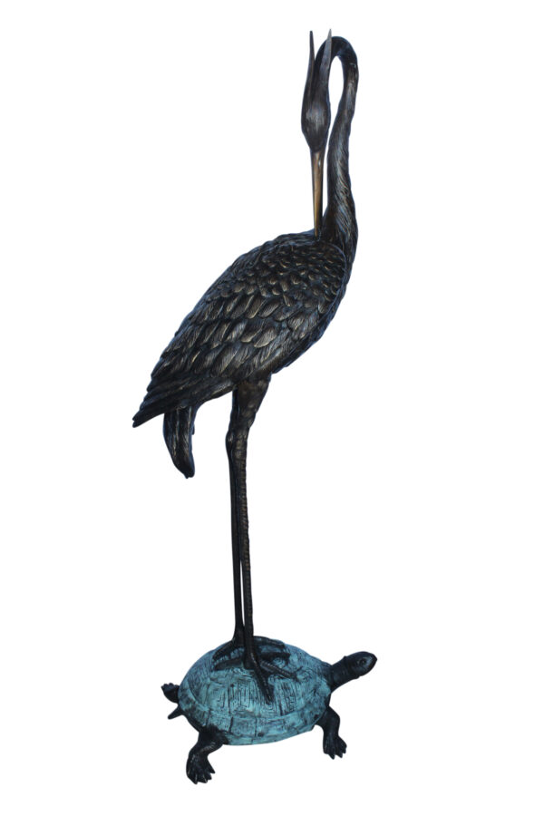 Blue Heron perched on turtle bronze statue fountain -  Size: 21"x 16"x 64"H