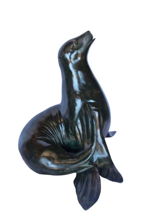 Perched seal bronze statue fountain green patina -  Size: 35"L x 24"W x 27"H.
