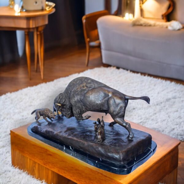 Charging bison v. Wolves bronze statue -  Size: 36"L x 17"W x 17"H. - Image 2