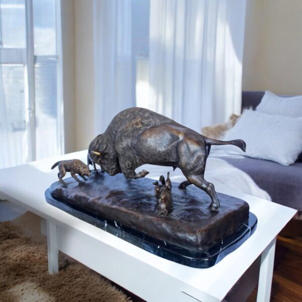 Charging bison v. Wolves bronze statue -  Size: 36"L x 17"W x 17"H. - Image 3