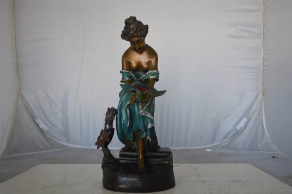 Lady holding a bird bronze statue - Size: 10"L x 9"W x 20"H. - Image 3
