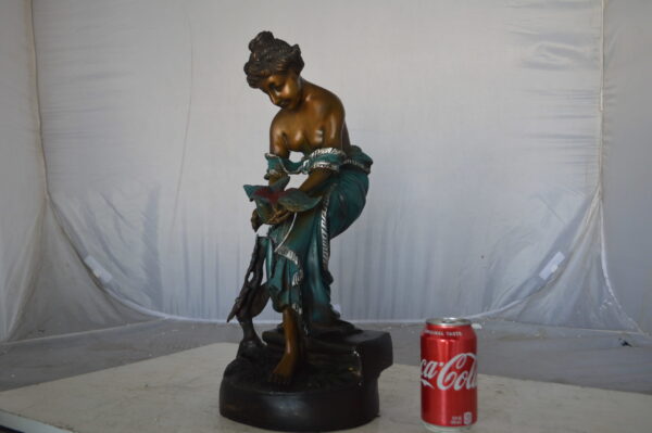 Lady holding a bird bronze statue - Size: 10"L x 9"W x 20"H. - Image 4