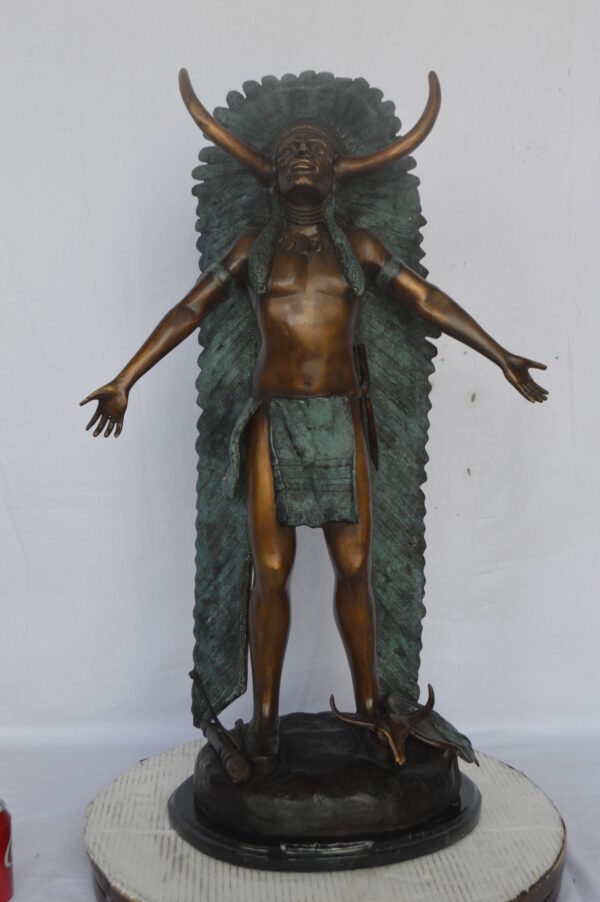 Indian with Plume bronze statue - Size: 22"L x 14"W x 38"H. - Image 3