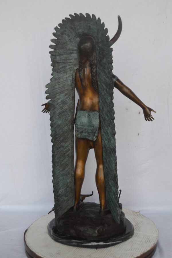 Indian with Plume bronze statue - Size: 22"L x 14"W x 38"H. - Image 6
