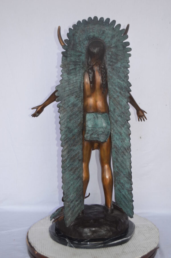 Indian with Plume bronze statue - Size: 22"L x 14"W x 38"H. - Image 7