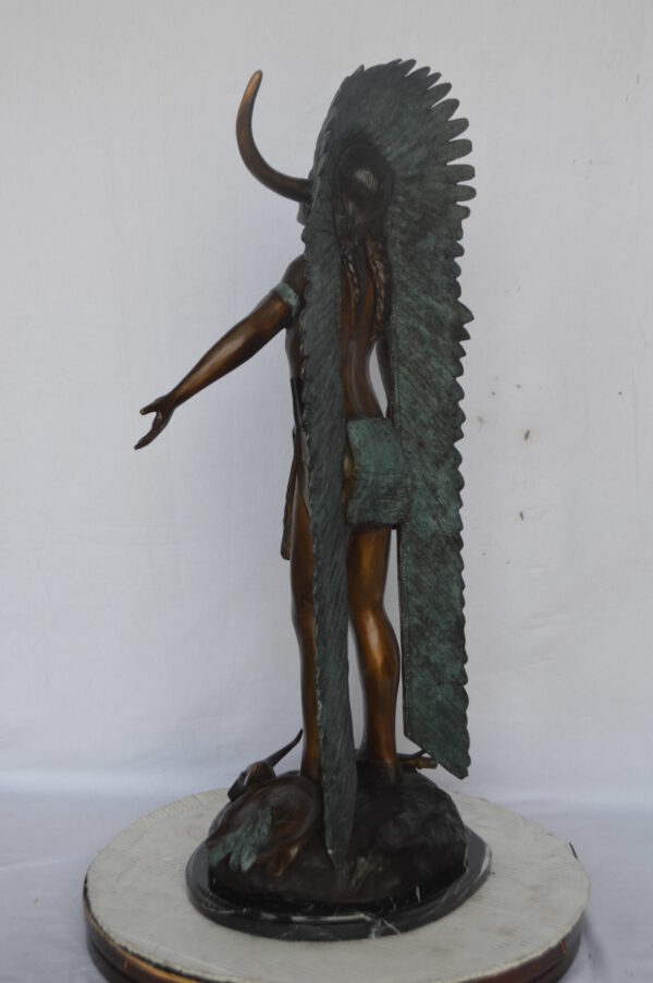 Indian with Plume bronze statue - Size: 22"L x 14"W x 38"H. - Image 8