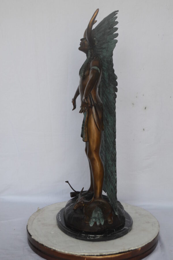 Indian with Plume bronze statue - Size: 22"L x 14"W x 38"H. - Image 9
