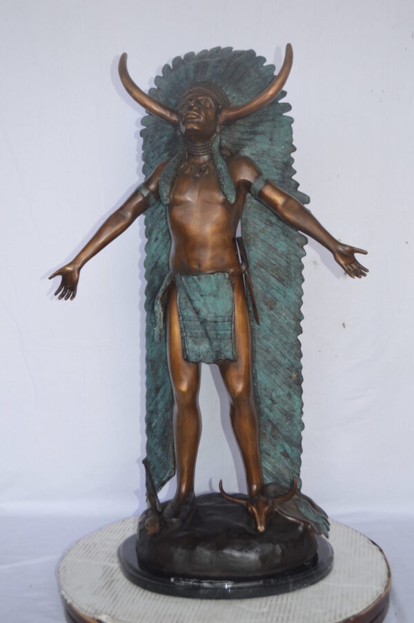 Indian with Plume bronze statue - Size: 22"L x 14"W x 38"H. - Image 11