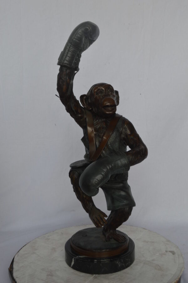 Boxing Monkey Bronze Statue - Size: 10"L x 12"W x 33"H. - Image 3