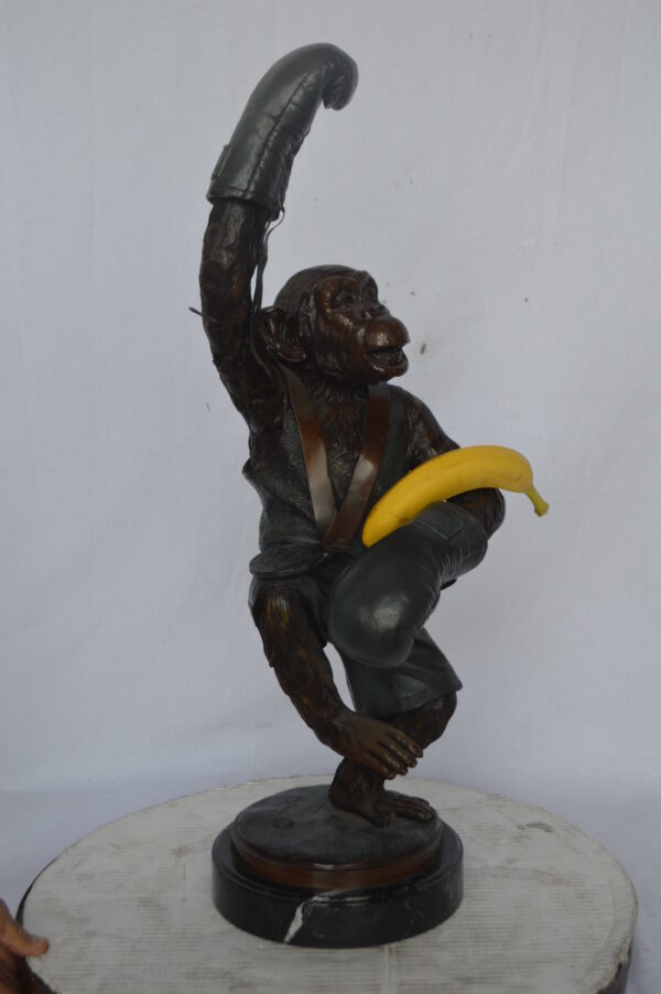 Boxing Monkey Bronze Statue - Size: 10"L x 12"W x 33"H. - Image 5