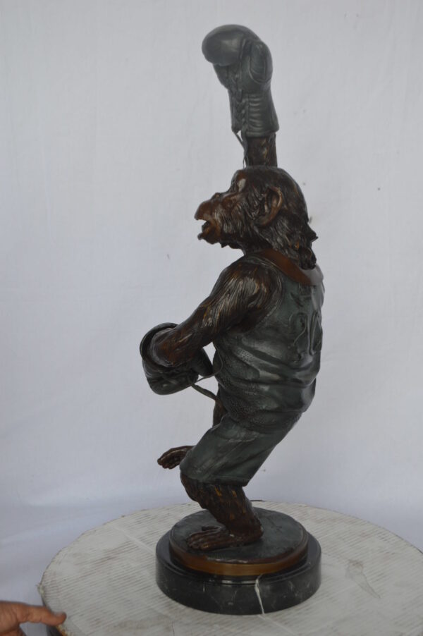 Boxing Monkey Bronze Statue - Size: 10"L x 12"W x 33"H. - Image 9