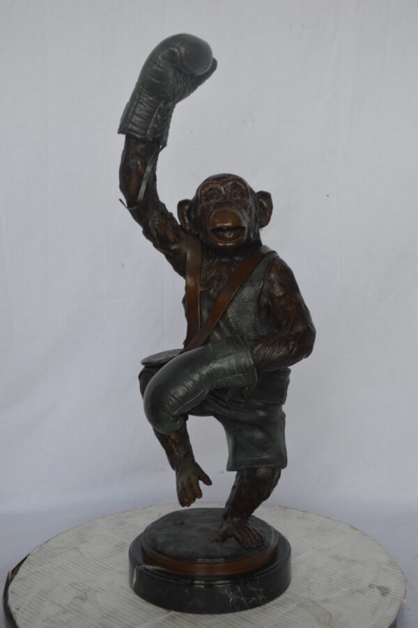 Boxing Monkey Bronze Statue - Size: 10"L x 12"W x 33"H. - Image 12