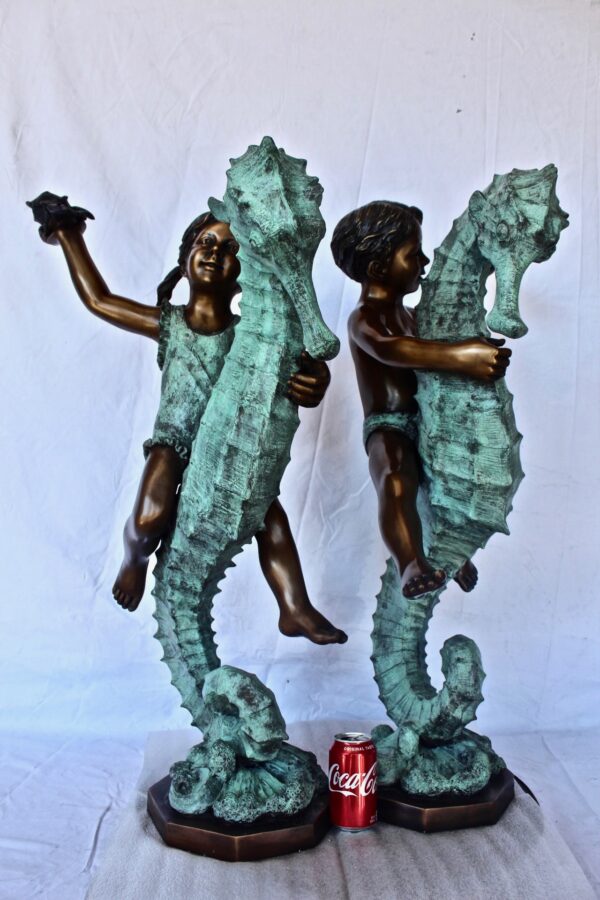 Boy and girl riding seahorses bronze fountain -  Size: 18"L x 23"W x 38"H. - Image 4