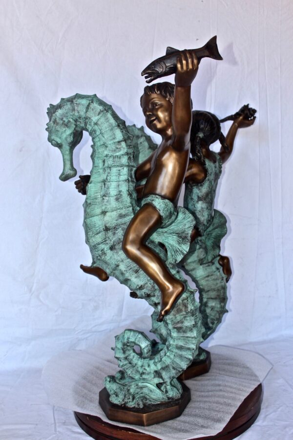 Boy and girl riding seahorses bronze fountain -  Size: 18"L x 23"W x 38"H. - Image 5