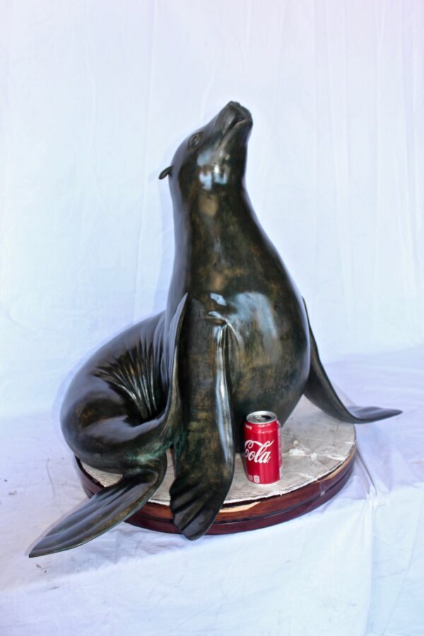 Perched seal bronze statue fountain green patina -  Size: 35"L x 24"W x 27"H. - Image 5