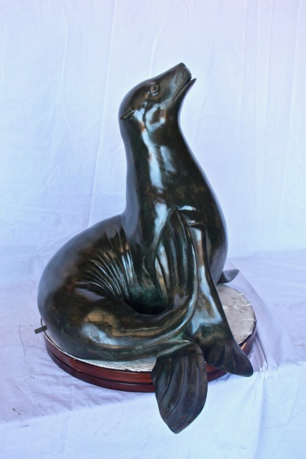 Perched seal bronze statue fountain green patina -  Size: 35"L x 24"W x 27"H. - Image 6