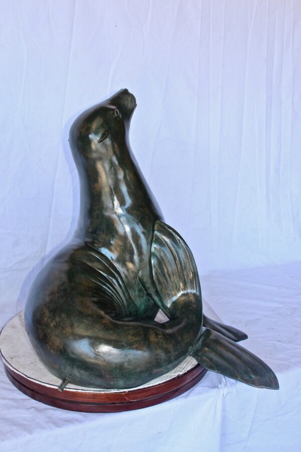 Perched seal bronze statue fountain green patina -  Size: 35"L x 24"W x 27"H. - Image 7