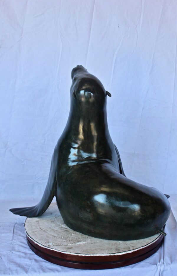 Perched seal bronze statue fountain green patina -  Size: 35"L x 24"W x 27"H. - Image 10