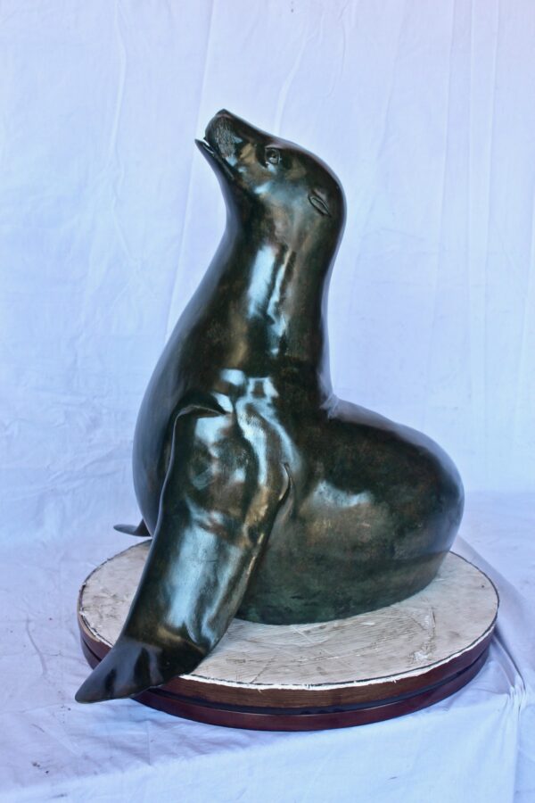 Perched seal bronze statue fountain green patina -  Size: 35"L x 24"W x 27"H. - Image 11