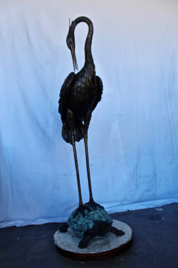Blue Heron perched on turtle bronze statue fountain -  Size: 21"x 16"x 64"H - Image 3