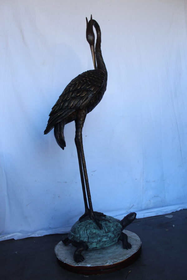 Blue Heron perched on turtle bronze statue fountain -  Size: 21"x 16"x 64"H - Image 5
