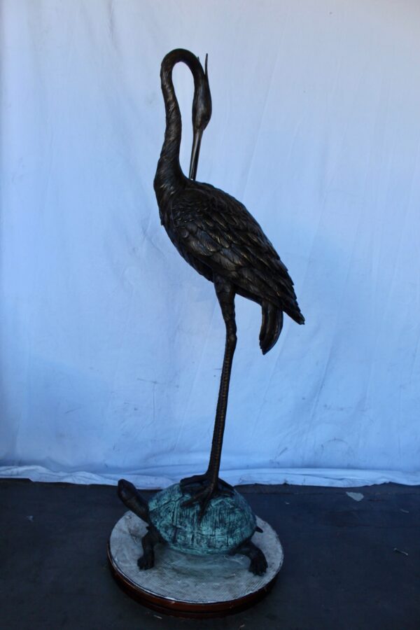 Blue Heron perched on turtle bronze statue fountain -  Size: 21"x 16"x 64"H - Image 6