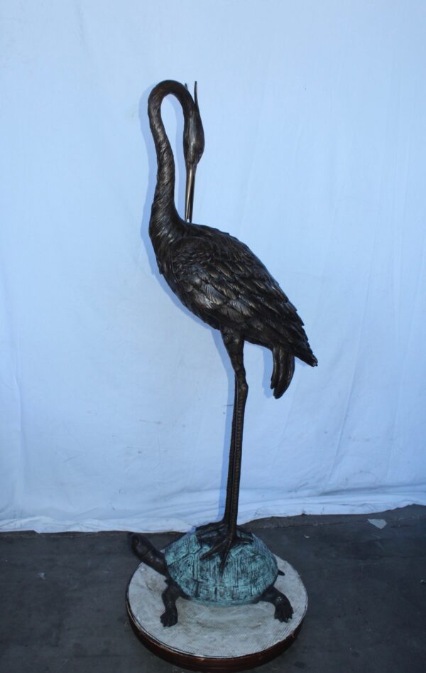 Blue Heron perched on turtle bronze statue fountain -  Size: 21"x 16"x 64"H - Image 7