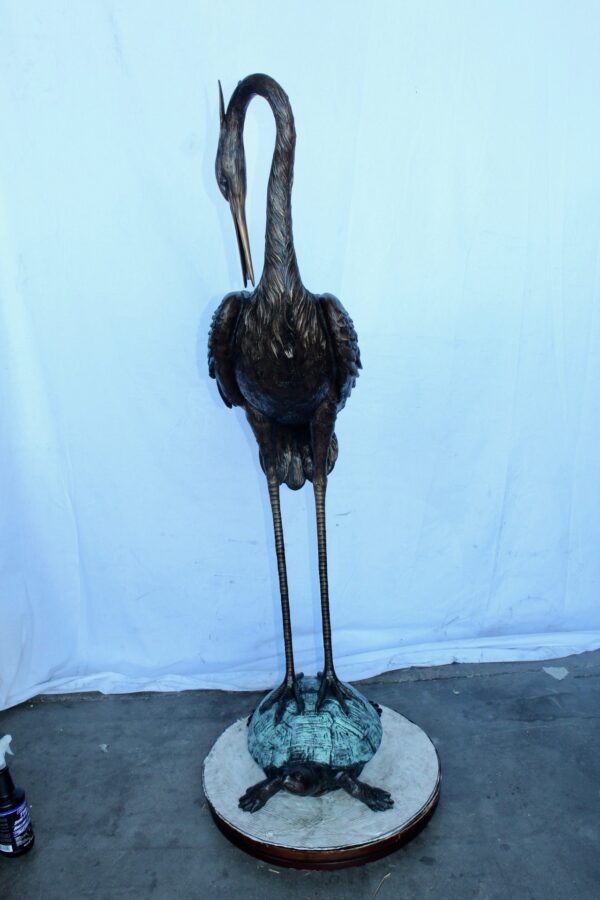 Blue Heron perched on turtle bronze statue fountain -  Size: 21"x 16"x 64"H - Image 8