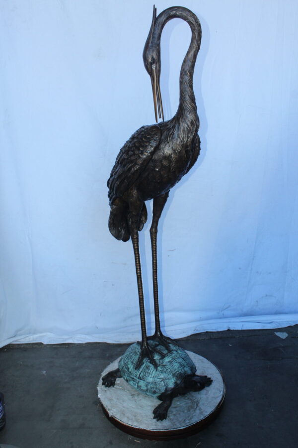 Blue Heron perched on turtle bronze statue fountain -  Size: 21"x 16"x 64"H - Image 9