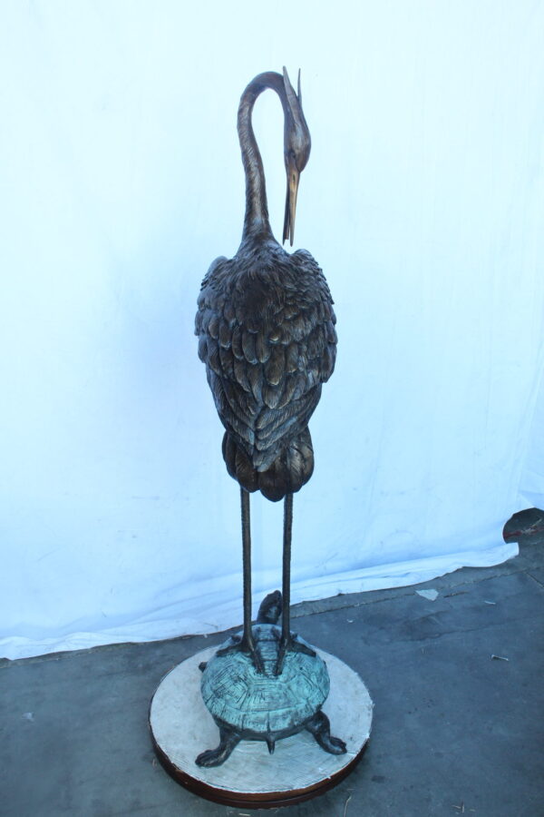 Blue Heron perched on turtle bronze statue fountain -  Size: 21"x 16"x 64"H - Image 11