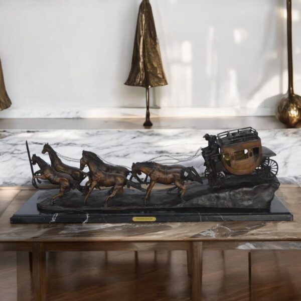 Stagecoach by M. Russell Replica Bronze Statue -  Size: 38"L x 10"W x 12"H. - Image 3