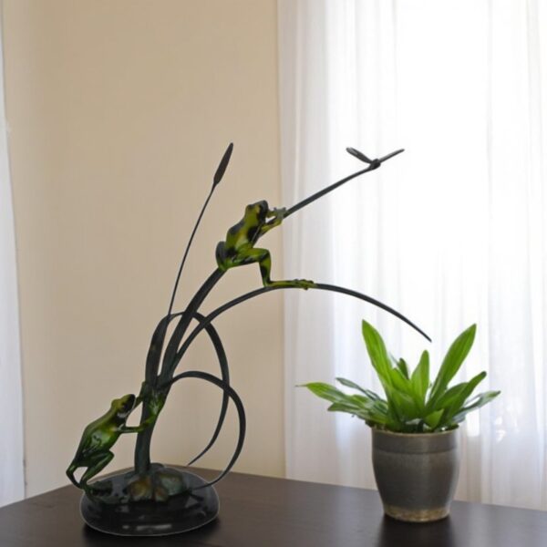 Two Green Frogs catching a dragonfly Bronze Statue - Size: 17"L x 10"W x 13"H. - Image 3