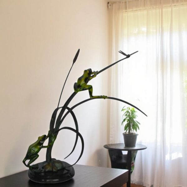 Two Green Frogs catching a dragonfly Bronze Statue - Size: 17"L x 10"W x 13"H. - Image 2