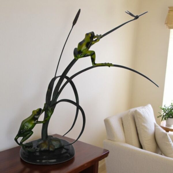 Two Green Frogs catching a dragonfly Bronze Statue - Size: 17"L x 10"W x 13"H. - Image 2